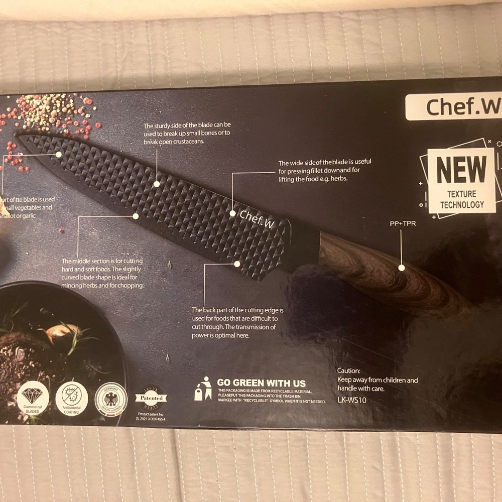 New Chef W Kitchen Knife 7", 8", 5" Brown Black Diamond Cut Blades - Picture 5 of 5